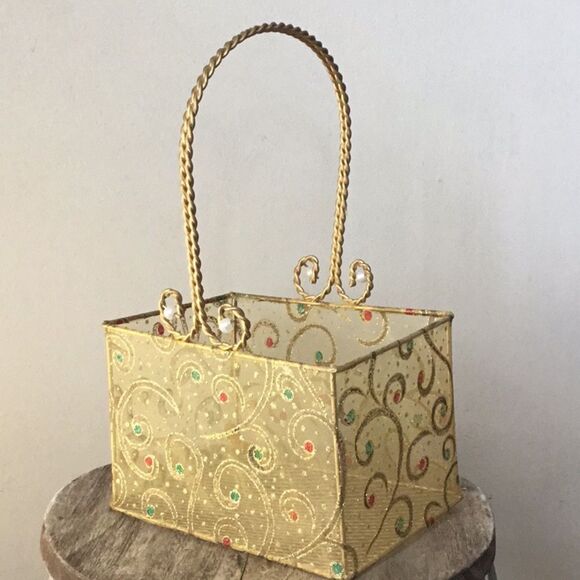 Gold rectangular Christmas basket gift Xmas scrolls classic decor - Picture 1 of 4